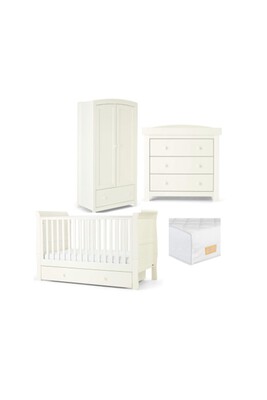 Mia 4 Piece Cotbed with Dresser Changer, Wardrobe, and Essential Fibre Mattress Set- White